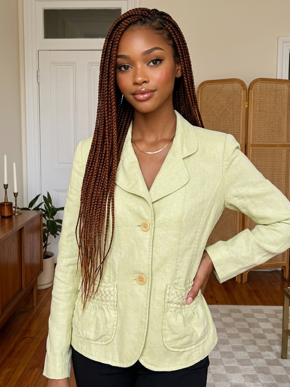 Jackpot Y2K Vintage Lime Green Lined Linen Blazer Braided Pocket-2